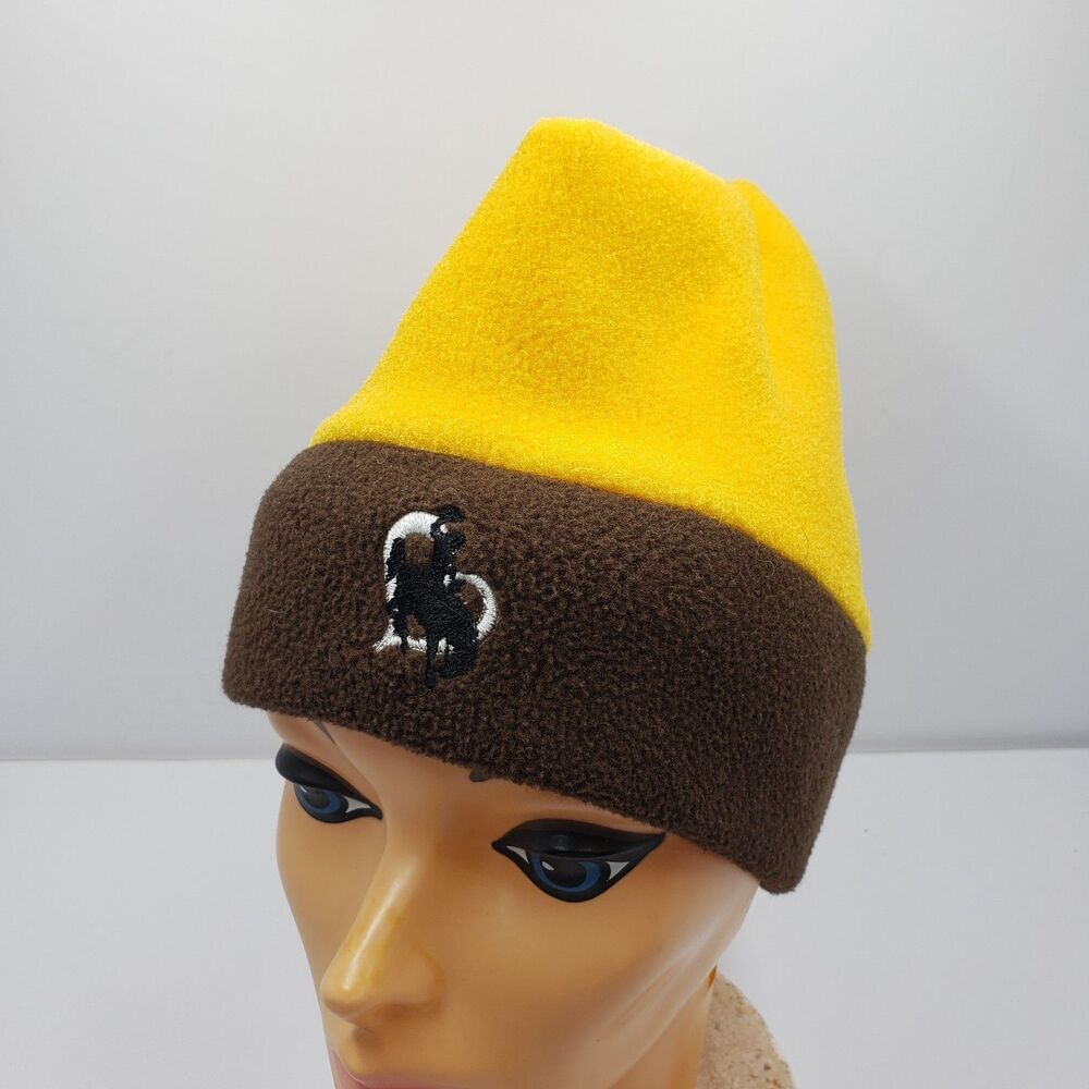 Vintage Jackson Hole Wyoming Dig Me Fleece Beanie Hat Yellow Brown Bronco Retro